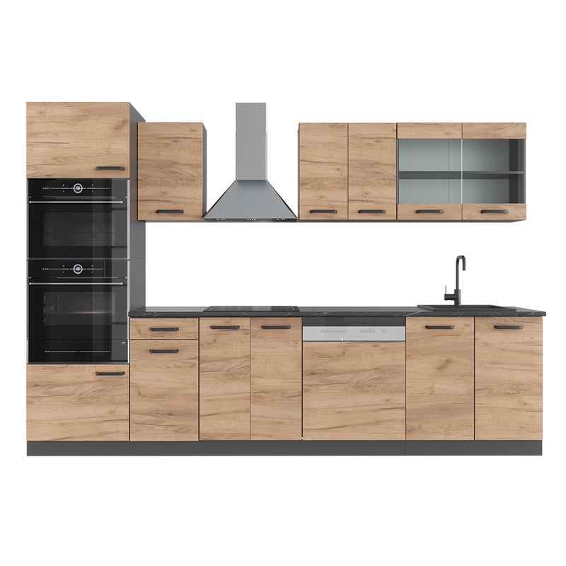 Vicco Aneks kuchenny R-Line, Złoty dąb power/antracyt, 300 cm z wysoką szafką, bez blatu