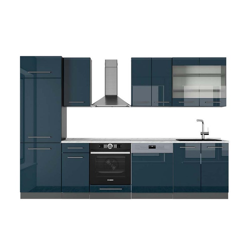 Vicco Aneks kuchenny Fame-Line, Ciemnoniebieski wysoki połysk/antracyt, 300 cm , BP Marmur