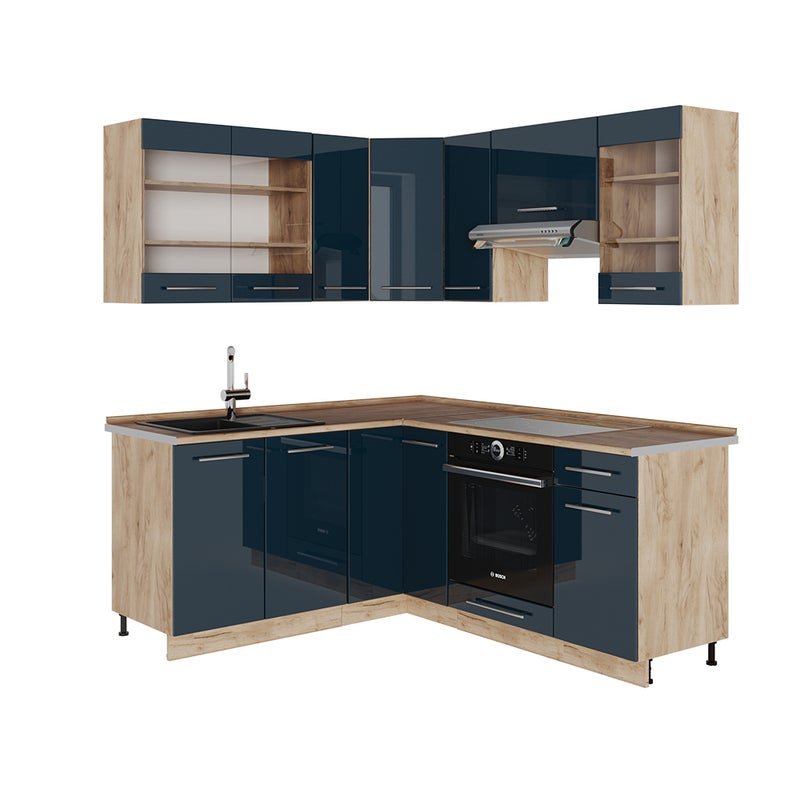 Vicco Szafki kuchenne Fame-Line, Ciemnoniebieski wysoki połysk/złoty dąb, 190 x 46 cm bez blatu roboczego