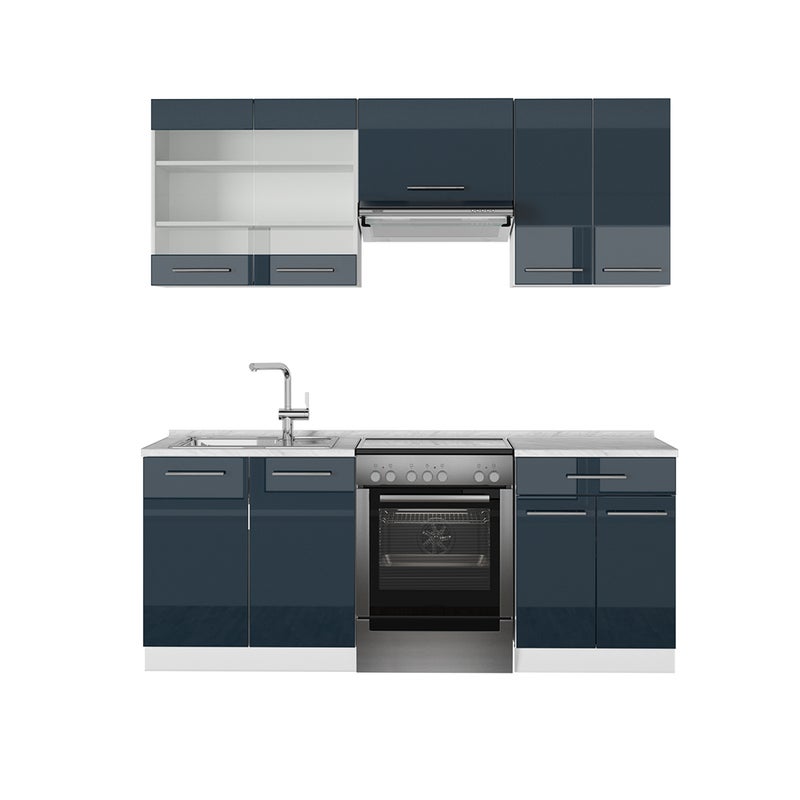 Vicco Szafki kuchenne Fame-Line, Ciemnoniebieski wysoki połysk/biały, 200 cm bez blatu roboczego