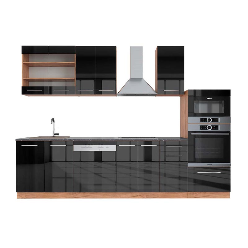 Vicco Aneks kuchenny Fame-Line, Antracytowy wysoki połysk/złoty dąb power, 300 cm z wysoką szafką, BP Antracyt