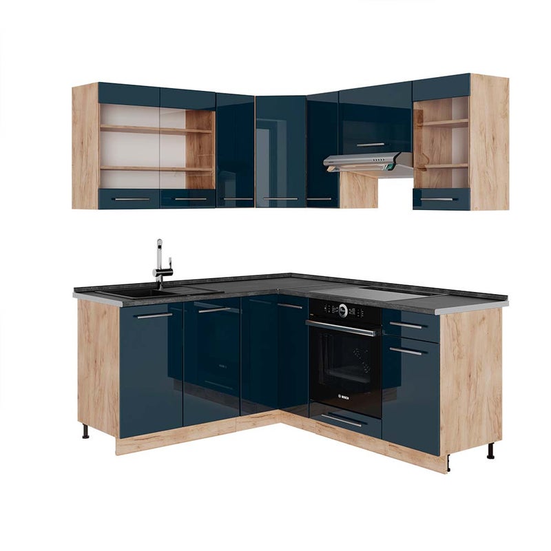 Vicco Kuchnia narożna Fame-Line, Ciemnoniebieski wysoki połysk/złoty dąb, 190 x 60 cm , BP Antracyt