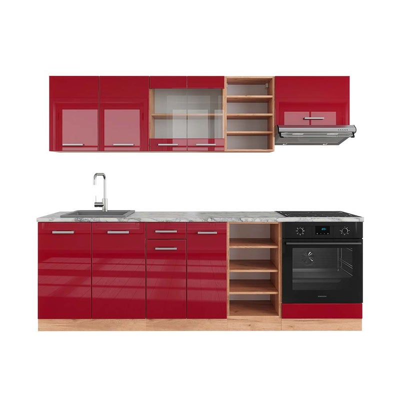 Vicco Zabudowa kuchenna R-Line, Czerwony wysoki połysk/złoty dąb, 240 cm , BP Marmur