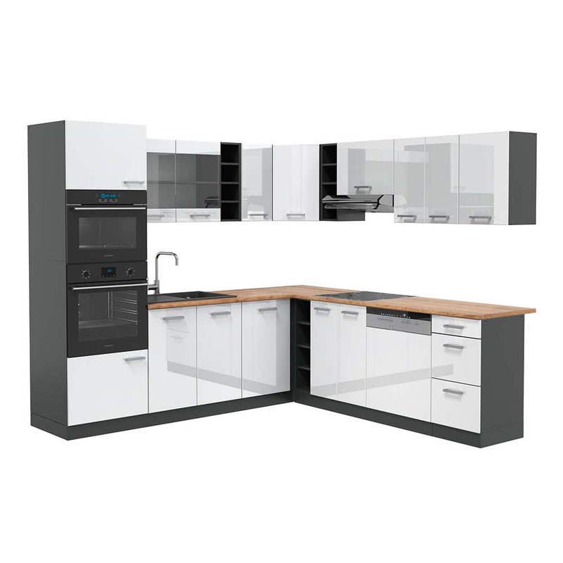 Vicco Kuchnia narożna R-Line, Biały wysoki połysk/antracyt, 247 x 60 cm , BP Dąb