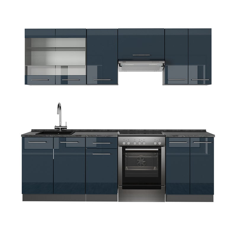 Vicco Szafki kuchenne Fame-Line, Ciemnoniebieski wysoki połysk/antracyt, 240 cm bez blatu roboczego