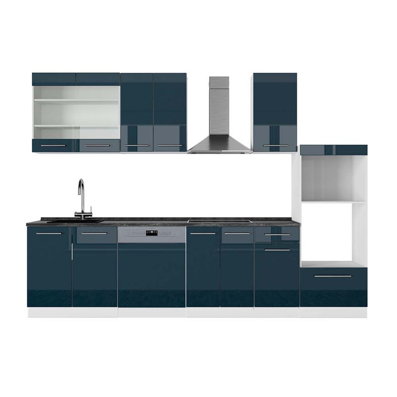 Vicco Aneks kuchenny Fame-Line, Ciemnoniebieski wysoki połysk/biały, 300 cm z wysoką szafką, BP Antracyt