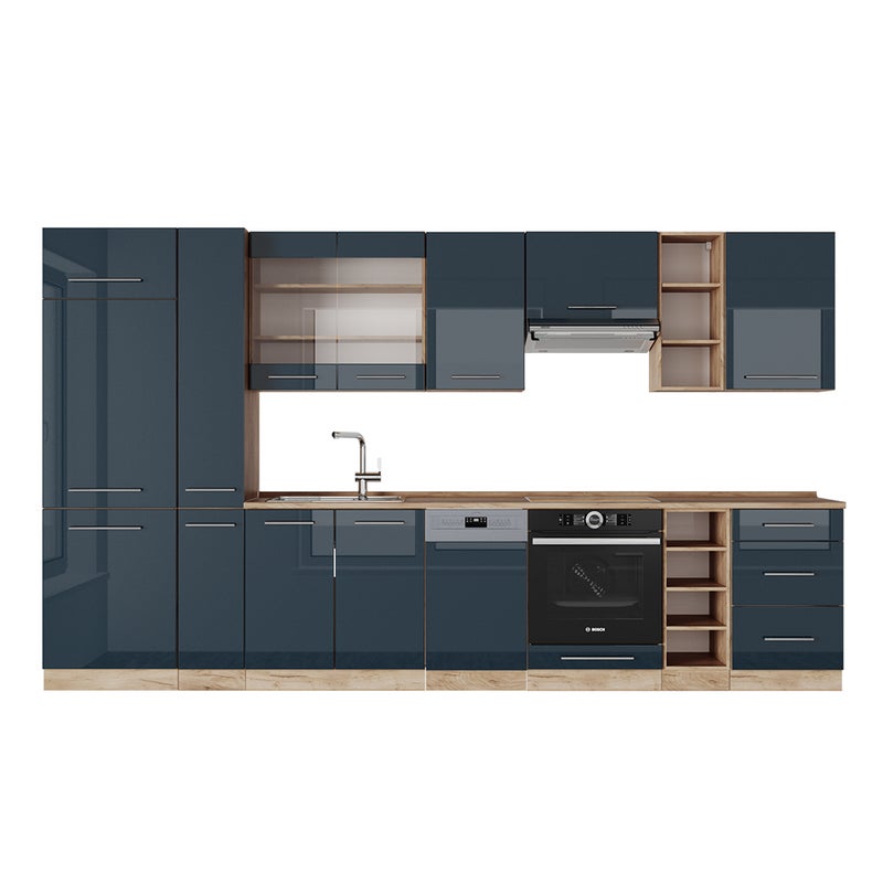 Vicco Zabudowa kuchenna Fame-Line, Ciemnoniebieski wysoki połysk/złoty dąb, 355 cm , BP Dąb
