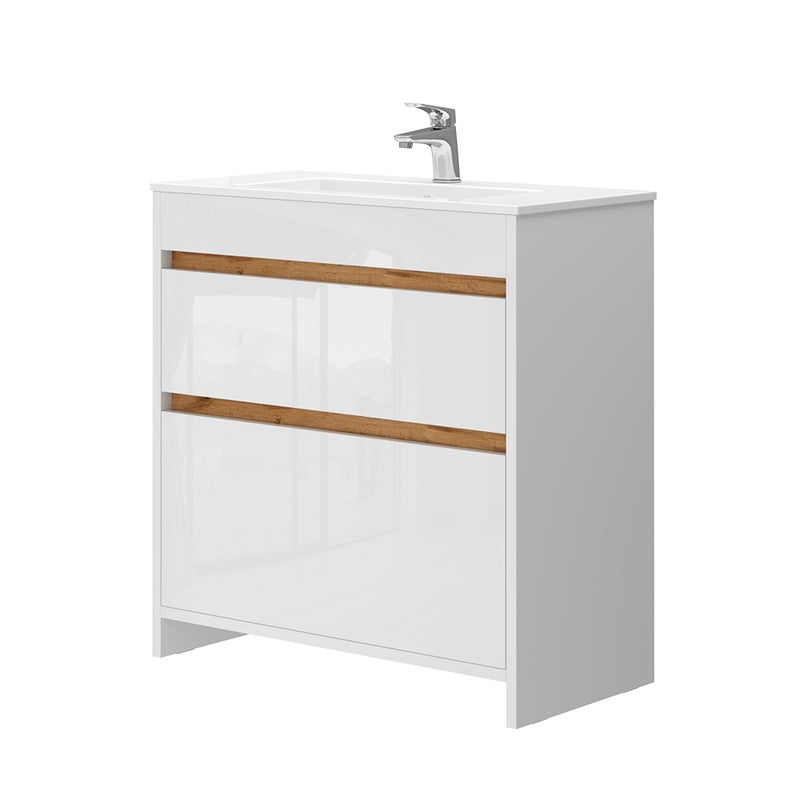 Vicco Zestaw mebli łazienkowych Detmold, Biały wysoki połysk/złoty dąb power, 2 części, szafka dolna 80 cm