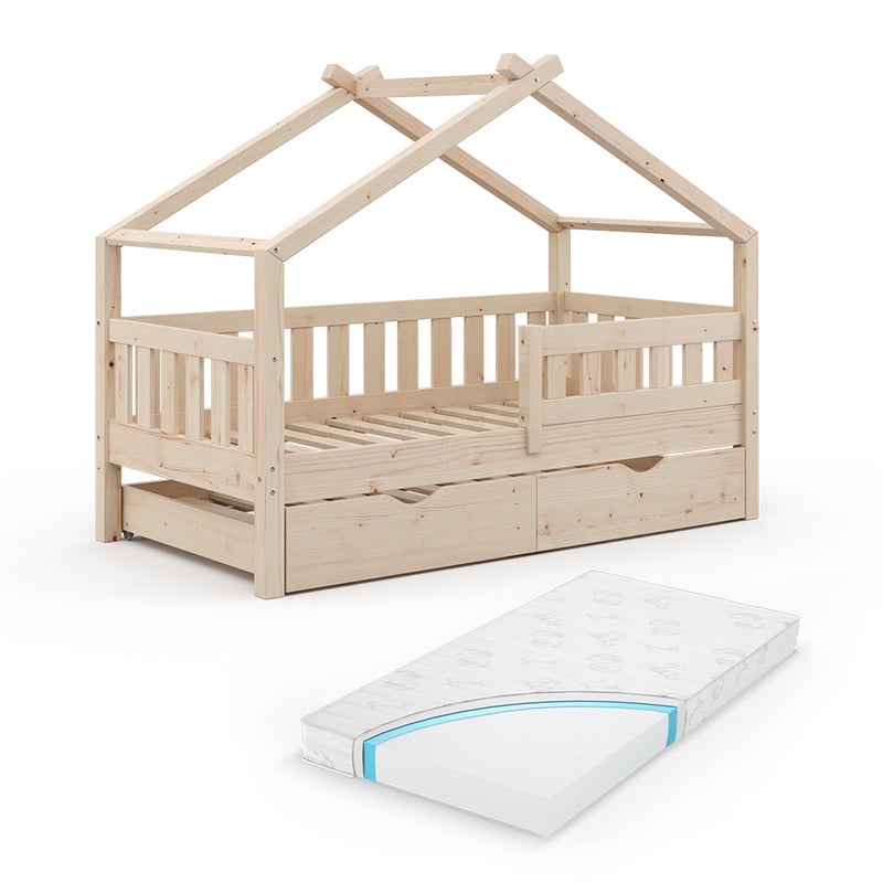 Vitalispa Łóżko domowe Design, Naturalne drewno, 80x160 cm z łóżkiem dla gości i materacem