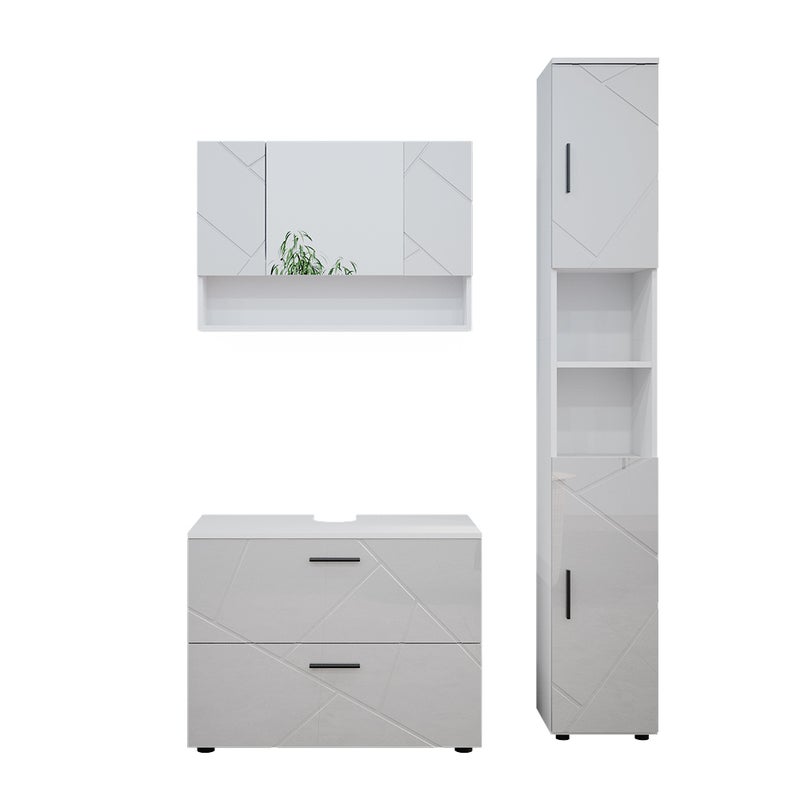 Vicco Zestaw mebli łazienkowych Irma, Biały wysoki połysk, 3 części, z szafką dolną 80 cm