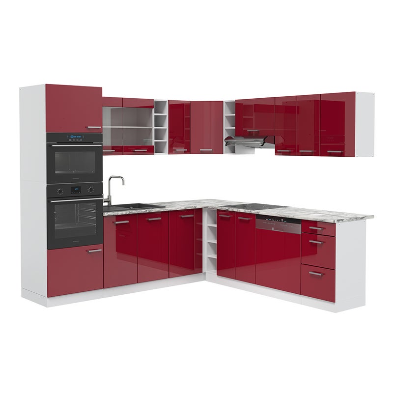Vicco Kuchnia narożna R-Line, Czerwony wysoki połysk/biały, 247 x 46 cm bez blatu roboczego