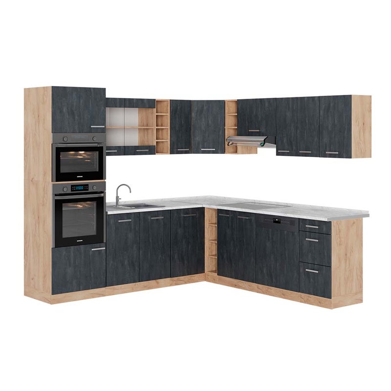 Vicco Kuchnia narożna R-Line, Czarny beton/złoty dąb, 247 x 60 cm BP Marmur