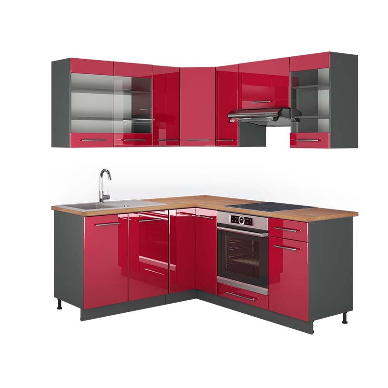 Vicco Kogoszczona kuchnia Fame-Line, Bordowy wysoki połysk/antracyt, 190 x 60 cm , BP Dąb