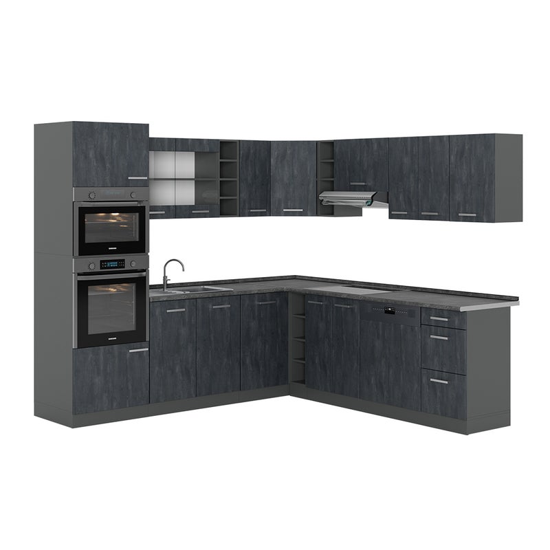 Vicco Kuchnia narożna R-Line, Czarny beton/antracyt, 247 x 46 cm bez blatu roboczego