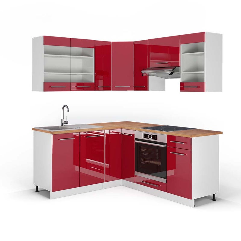 Vicco Kogoszczona kuchnia Fame-Line, Bordowy wysoki połysk/biały, 190 x 60 cm , BP Dąb