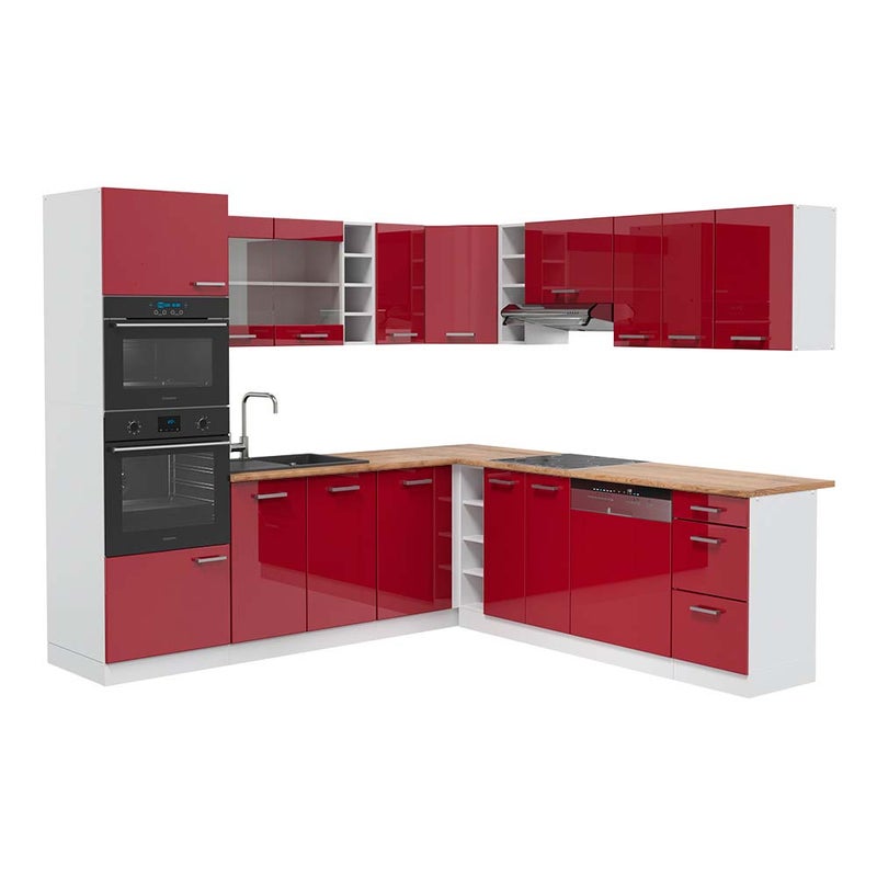 Vicco Kuchnia narożna R-Line, Czerwony wysoki połysk/biały, 247 x 60 cm , BP Dąb