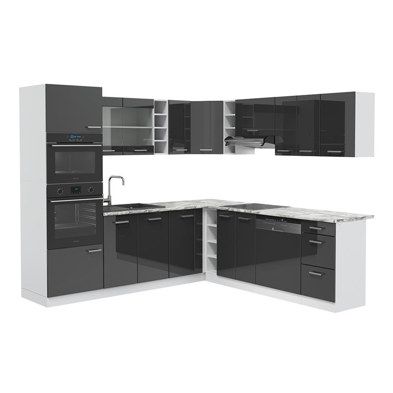Vicco Kuchnia narożna R-Line, Antracytowy wysoki połysk/biały, 247 x 60 cm , BP Marmur