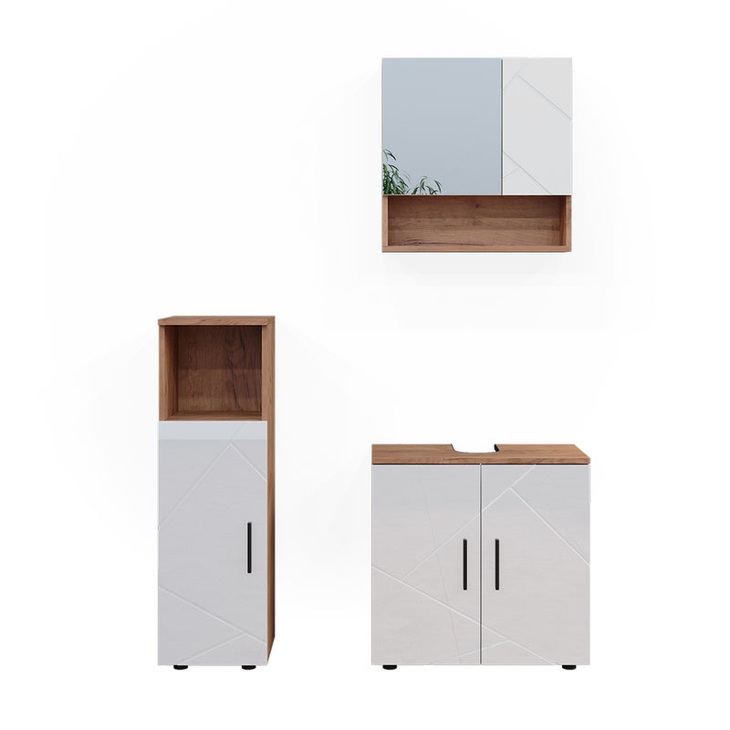Vicco Zestaw mebli łazienkowych Irma, Biały wysoki połysk/złoty dąb power, 3 części