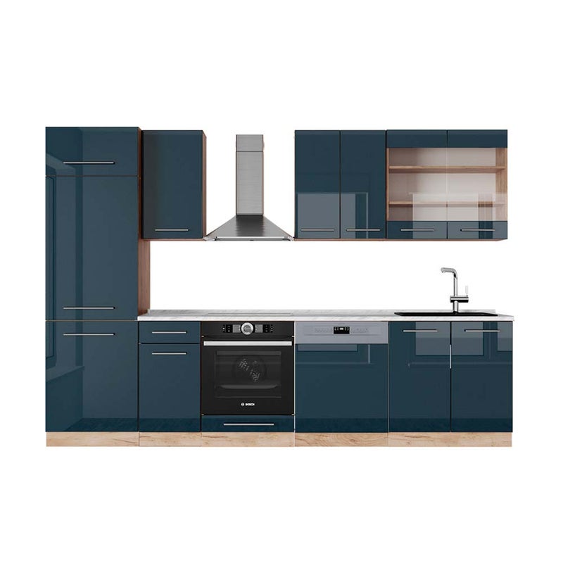 Vicco Aneks kuchenny Fame-Line, Ciemnoniebieski wysoki połysk/złoty dąb, 300 cm , BP Marmur