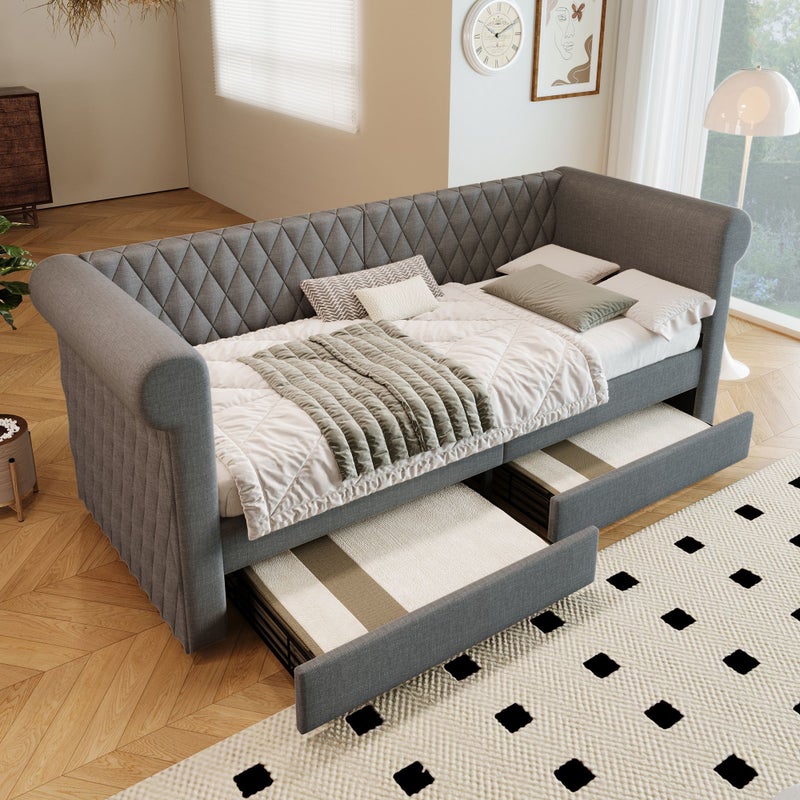Łóżko tapicerowane z zagłówkiem w stylu vintage, rozkładana sofa 90x200 cm z 2 szufladami, szara (bez materaca)