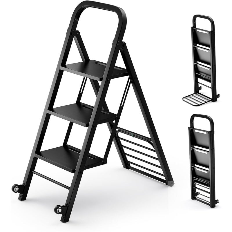 Wózek transportowy 2 w 1 i drabina składana, 2 kółka, powierzchnia ładunkowa 30 x 37 cm, wózek do 250 kg / obciążenie do 200 kg, czarny