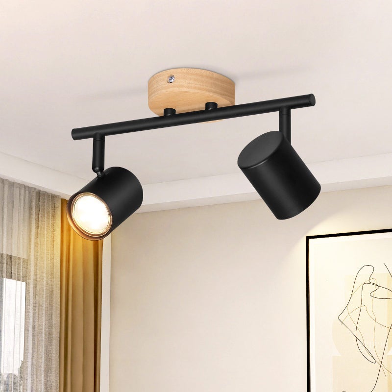 NETTLIFE 2-płomieniowa lampa sufitowa LED - czarna GU10 lampa sufitowa obrotowy Reflektorowa drewniany kinkiet do salonu sypialni bez żarówki