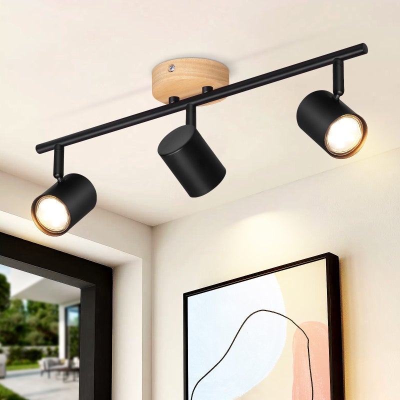 NETTLIFE 3-płomieniowa lampa sufitowa LED - czarna GU10 lampa sufitowa obrotowy Reflektorowa drewniany kinkiet do salonu sypialni bez żarówki
