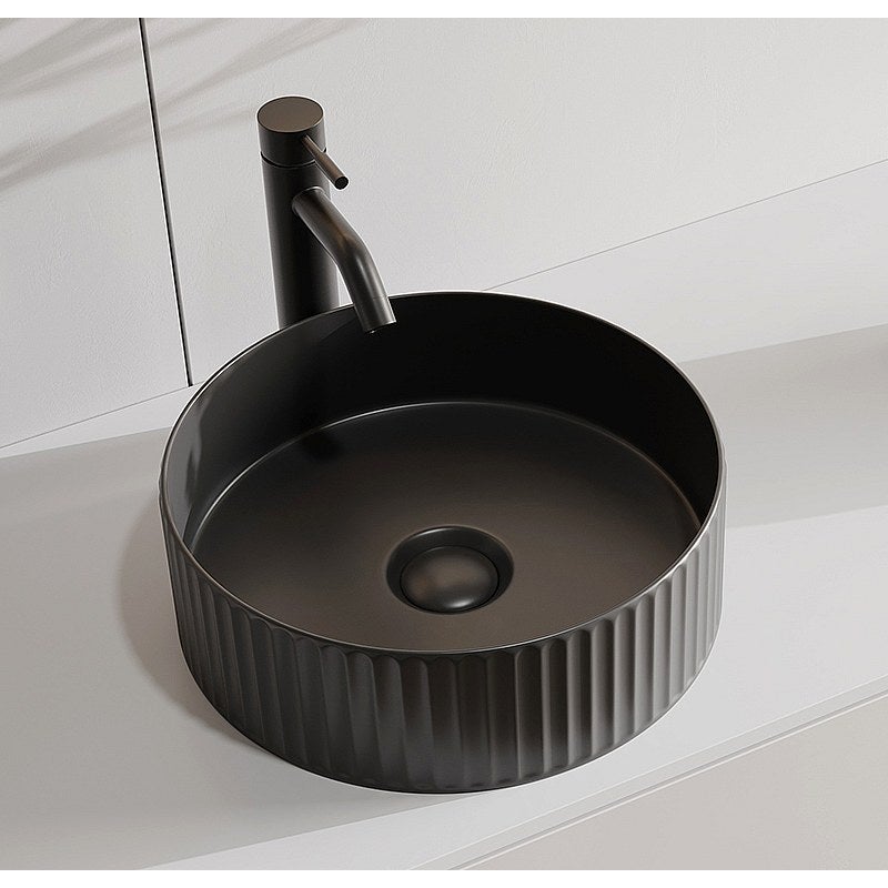 Umywalka nablatowa okrągła z ryflowanej ceramiki - Czarny mat - 36 cm - PEDARA
