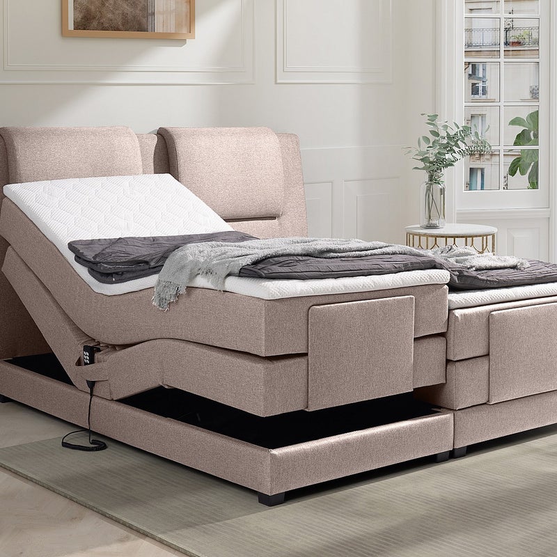 Łóżko kontynentalne: zagłówek łóżka + stelaż z elektryczną funkcją relaksu + materac + nakładka na materac CASTEL marki PALACIO - 2x90x200cm - beżowa