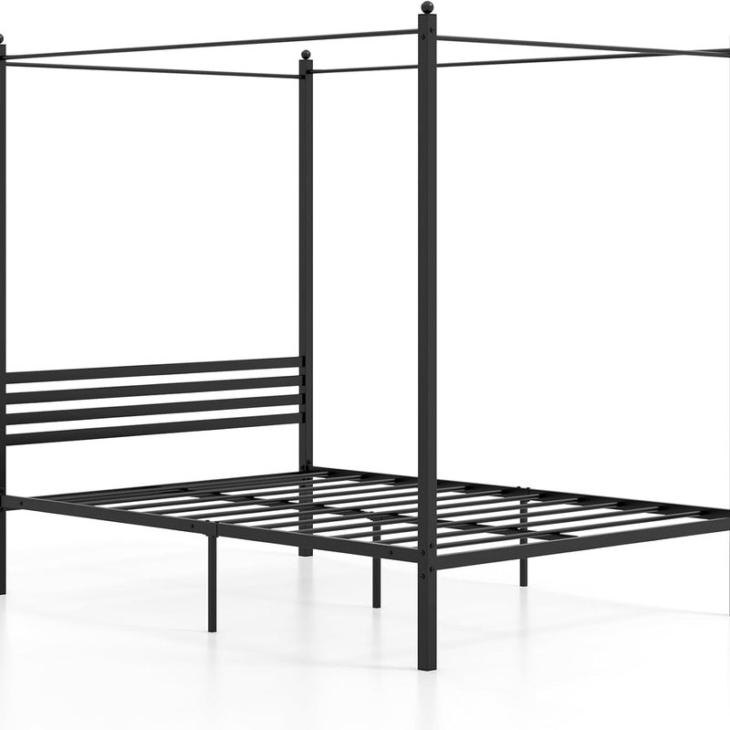 Łóżko z baldachimem 140 x 200 cm, stelaż łóżka ze stelażem, łóżko podwójne, rama łóżka, łóżko małżeńskie, łóżko do sypialni, czarne