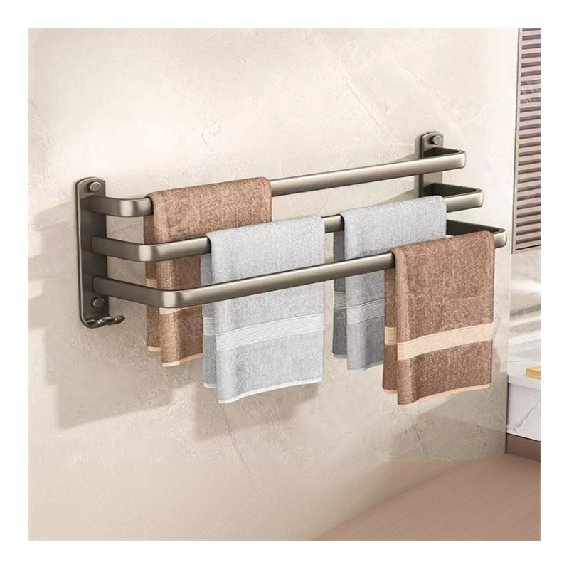 Potrójny szary wieszak na ręczniki, półka łazienkowa bez otworów, podwieszany aluminiowy wieszak na ręczniki, 60 cm, bez otworów