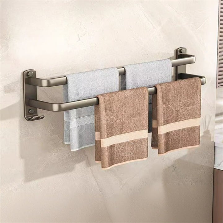Szary podwójny wieszak na ręczniki, półka łazienkowa bez wiercenia, podwieszany aluminiowy wieszak na ręczniki, 50 cm, bez wiercenia