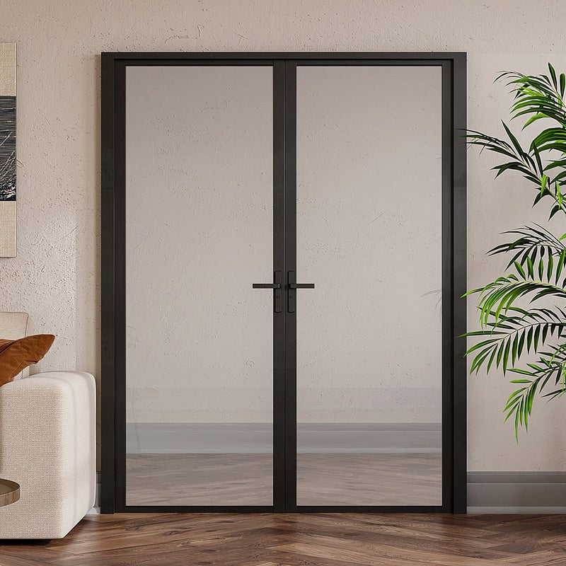 Drzwi kompletne 2-skrzydłowe dwustronne z aluminium i szkła hartowanego - 2 x wys. 204 x szer. 93 cm - Czarny - LOXTON
