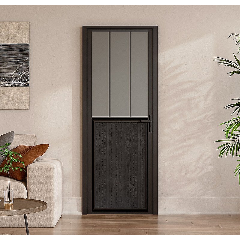 Drzwi kompletne dwustronne z aluminium i matowego szkła hartowanego w stylu industrialnym - wys. 204 x szer. 83 cm - Czarny - ERMELO