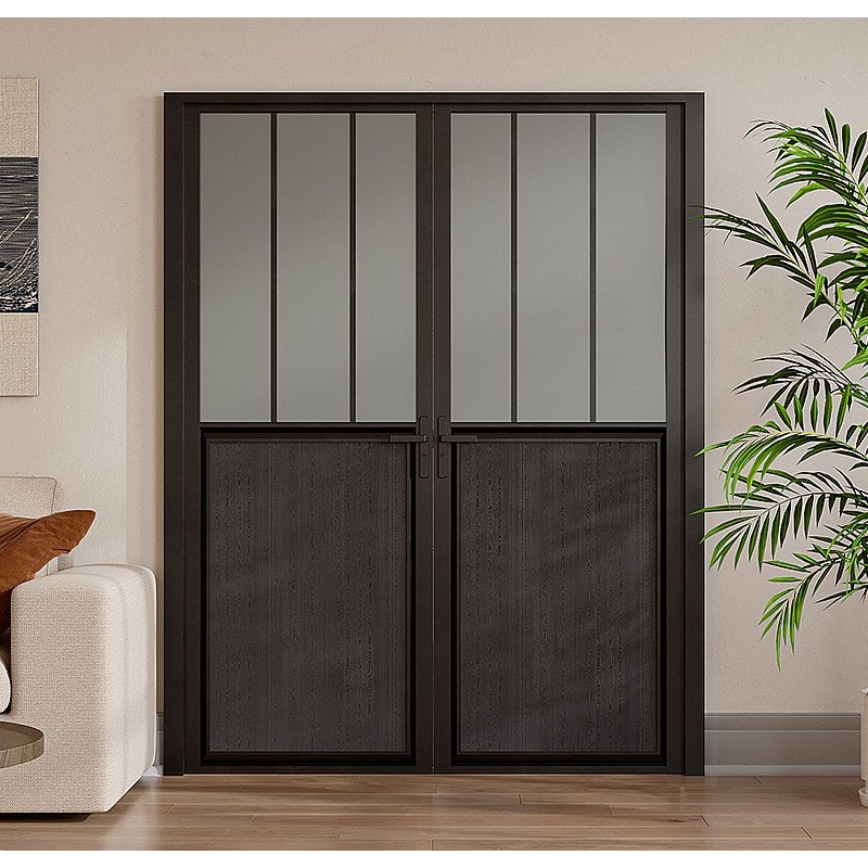 Drzwi kompletne 2-skrzydłowe dwustronne z aluminium i matowego szkła hartowanego w stylu industrialnym - 2 x wys. 204 x szer. 83 cm - Czarny - ERMELO