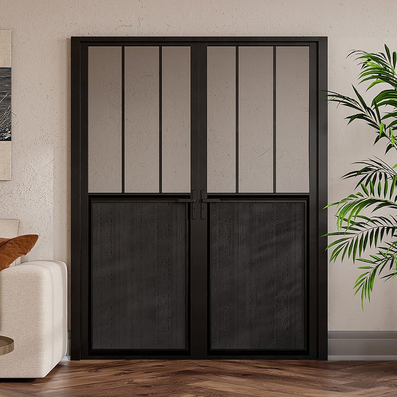 Drzwi kompletne 2-skrzydłowe dwustronne z aluminium i szkła hartowanego w stylu industrialnym - 2 x wys. 204 x szer. 93 cm - Czarny - ERMELO