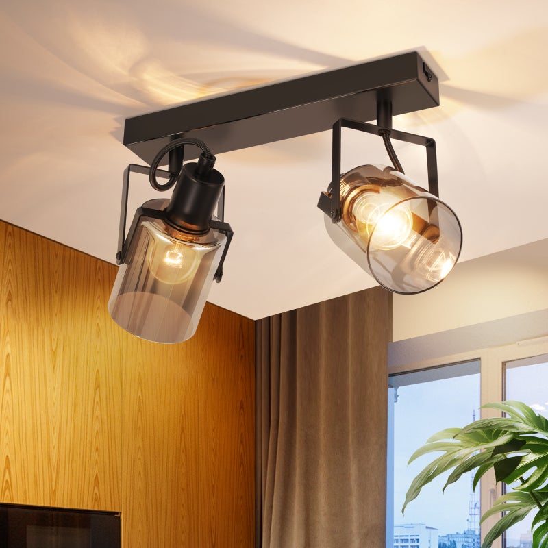 NETTLIFE Reflektorowa sufitowy, vintage, czarny, 2 żarówki, E14, szklana lampa sufitowa w stylu retro