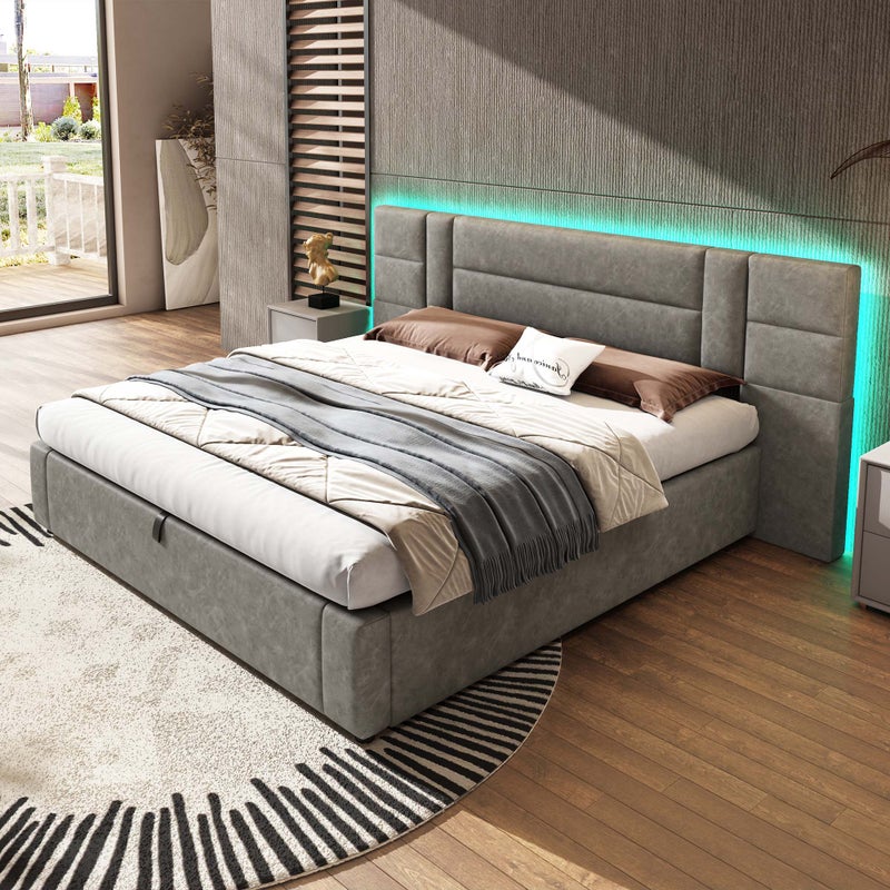Łóżko hydrauliczne 180 x 200 cm z antracytowo-szarego poliuretanu z oświetleniem LED, z miejscem do przechowywania, łatwe w montażu