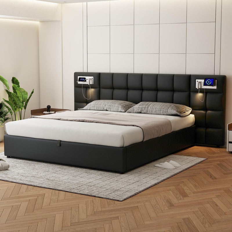 Łóżko hydrauliczne z czarnego PU 180 x 200 cm, z portem USB, bezprzewodową ładowarką i oświetleniem, z miejscem do przechowywania, łatwe w montażu
