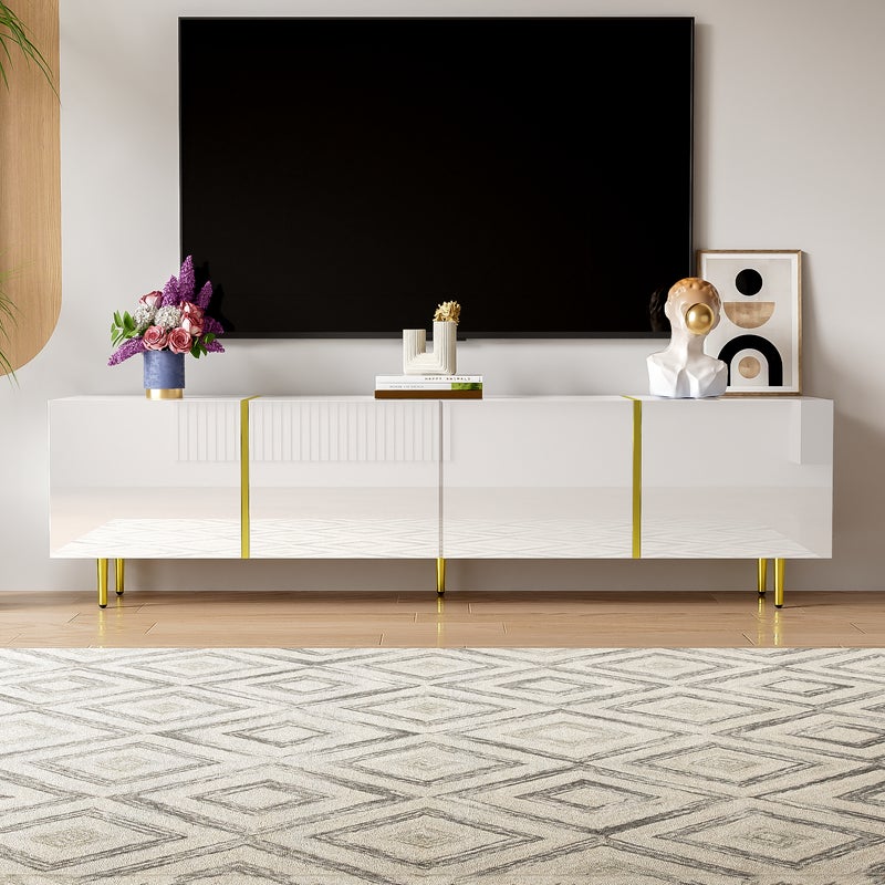 Nowoczesna szafka RTV z 4 drzwiami - 170 x 35 x 46 cm - drewno MDF - połyskująca biel i złoto