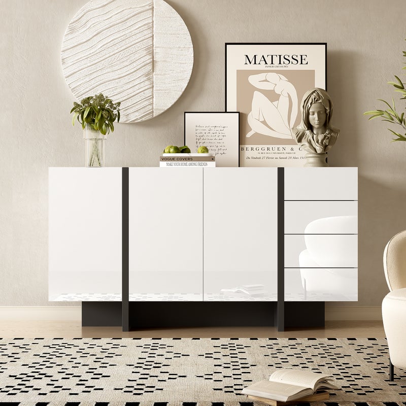 Komoda z 2 drzwiami i 3 szufladami - 150 x 40 x 80,5 cm - Płyta MDF i płyta wiórowa - Biały połysk