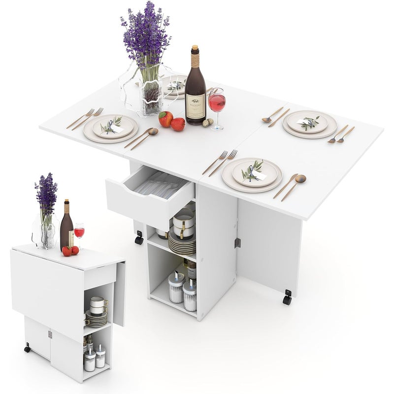 Składany Stół Mobilny z 2 Kółkami, 2-Stopniową Półką i Szufladą - Do Jadalni, Kuchni, Małego Salonu (Biały)