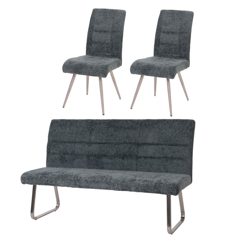 Zestaw do jadalni HWC-G55, zestaw 2 krzeseł + ława 180cm, stal nierdzewna szczotkowana tkanina/tkanina szenilowa ~ niebiesko-zielony