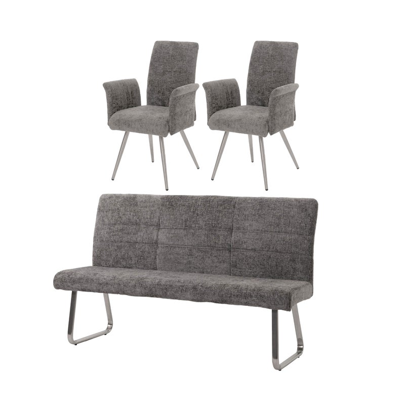 Zestaw do jadalni HWC-G55, zestaw 2 krzeseł z podłokietnikami + ławka 180cm, stal nierdzewna szczotkowana tkanina/tkanina szenilowa ~ ciemnoszary