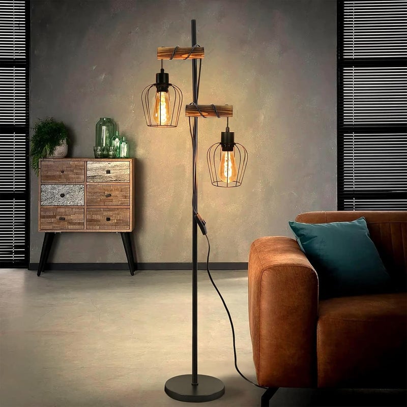 NETTLIFE Lampa podłogowa Vintage do salonu, drewniana, 2-płomieniowa, metalowa, z czarnym przełącznikiem E27 - Wysokość: 151 cm - Bez żarówki