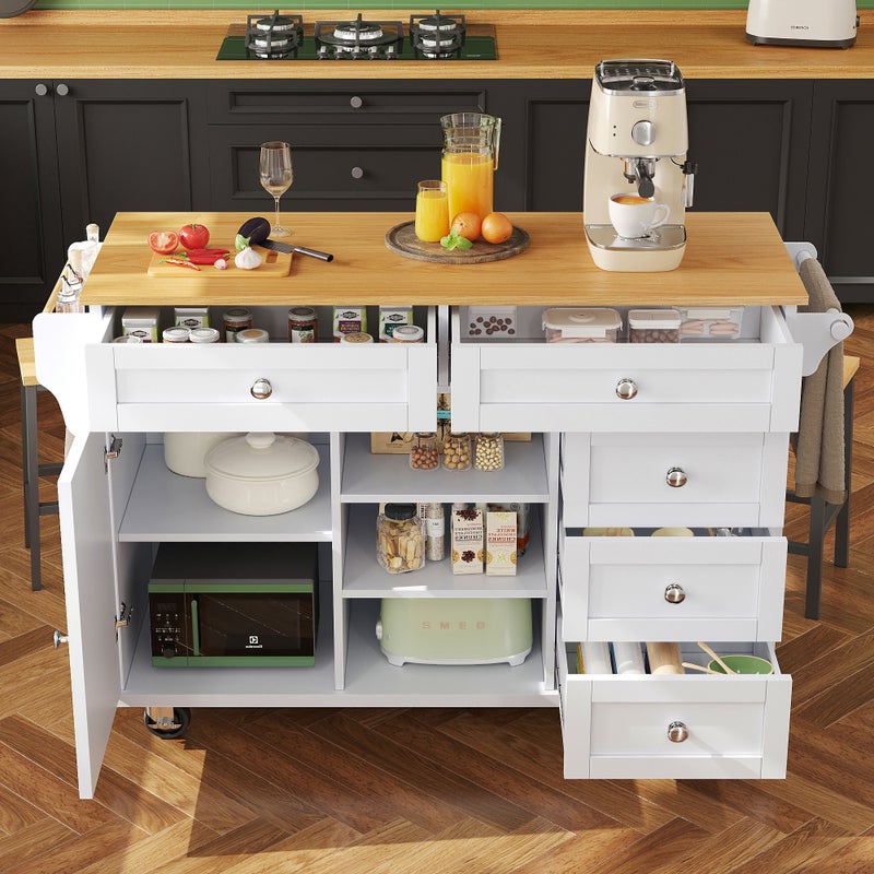 Stała wyspa kuchenna centralna z jednymi drzwiami, 5 szufladami i 3 otwartymi przegrodami - 134 x 46 x 92 cm - drewno MDF - biały