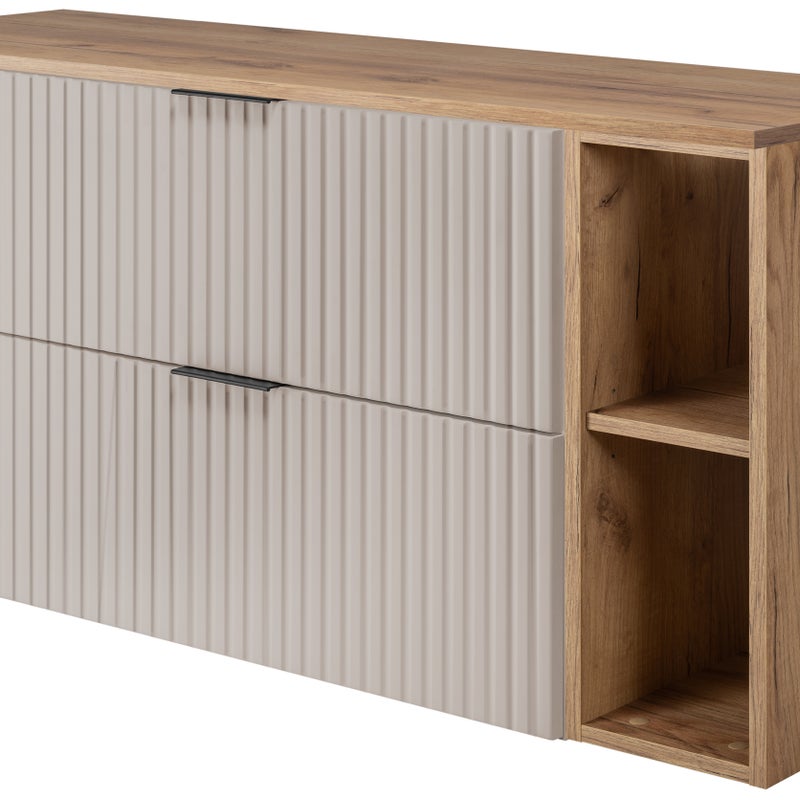 Zestaw łazienkowy FLOW 120 cm kaszmir z blatem dąb craft i regałami