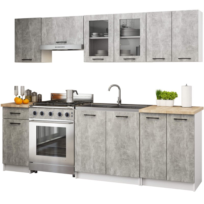Zestaw kuchenny AKORD OLIWIA 2.4m Szary Beton 240 cm 11 drzwi 1 szuflada kolor Beton mat 12 półek 240x46x203 cm