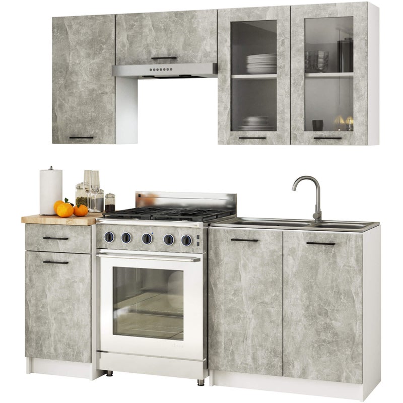 Zestaw kuchenny AKORD OLIWIA 1.8m H720 Szary Beton 180 cm 7 drzwi 1 szuflada kolor Beton mat 8 półek 180x46x203 cm