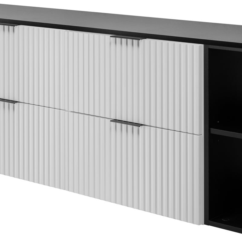 Szafka łazienkowa FLOW 160 cm biała z czarnymi regałami blat ryflowany front